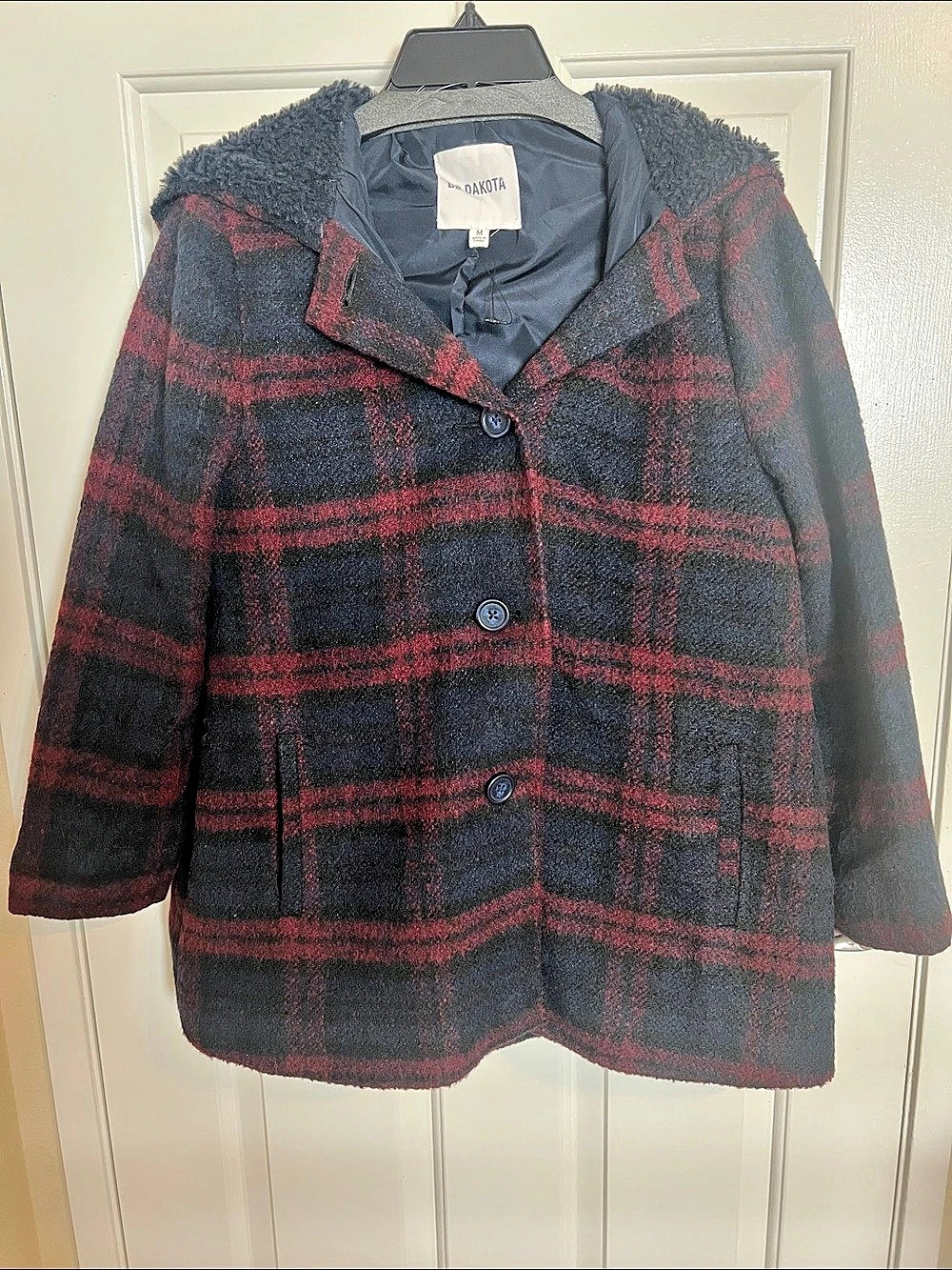 BB Dakota Plaid Hooded Pea Coat in Black & Red Size Medium